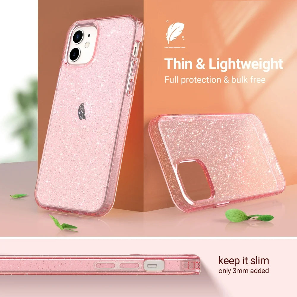 Iphone 12 Case, Iphone 12 Pro Case, Anti-Scratch Shockproof Bumper Slim Phone Case for Apple Iphone 12 / 12 Pro, Pink Glitter